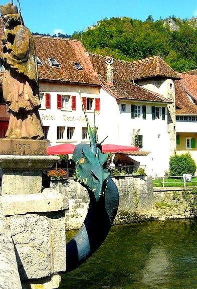 Dragon on the bridge, St-Ursanne, Jura, Switzerland
