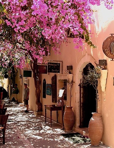 Idyllic street scene in Rethymno, Crete Island, Greece