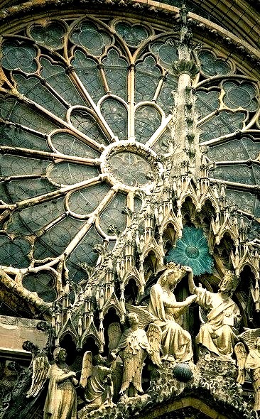 Architectural details of Reims Cathedral, a masterpiece of the gothic art, France